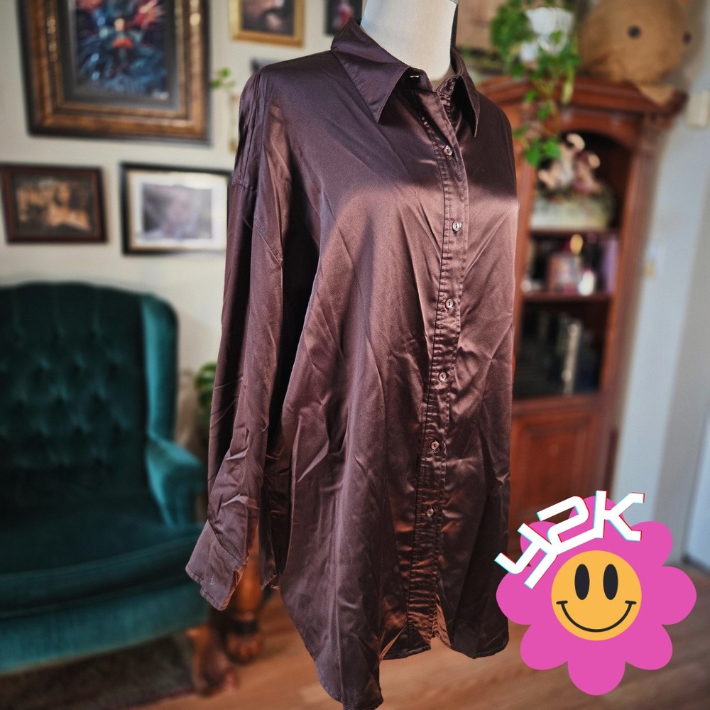 Very Vollbracht Brown Satin Blouse Vintage Y2K Button Down Shirt Plus Size 1X